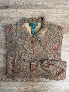 Lauren Ralph Lauren 100% Silk Paisley Button Front Blouse Size 12 Boho Luxe Top